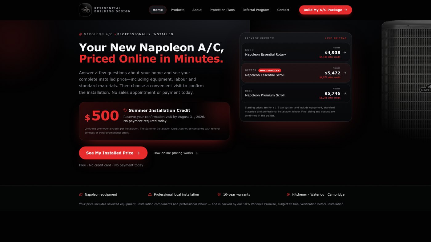 Homepage of the Residential Building Design website built by North Shield Revenue Group